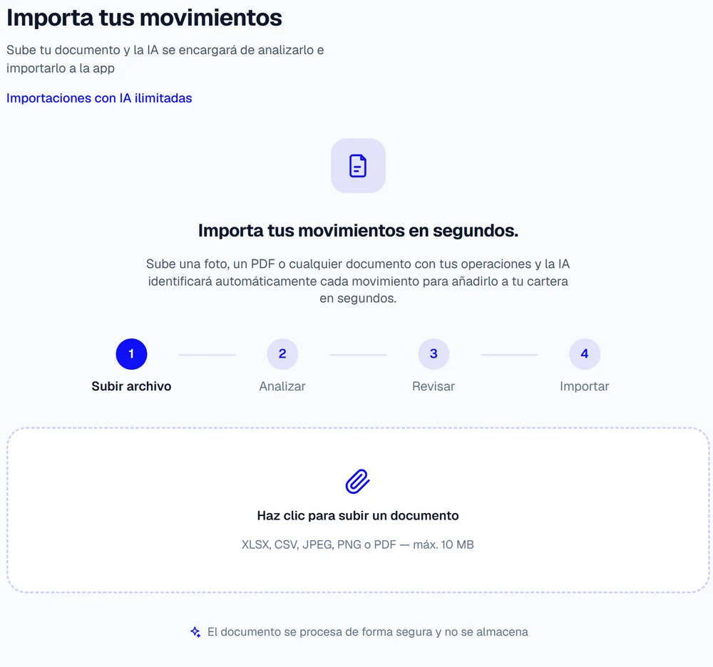 Pantalla de importar movimientos: se sube un documento y la IA lo analiza en cuatro pasos